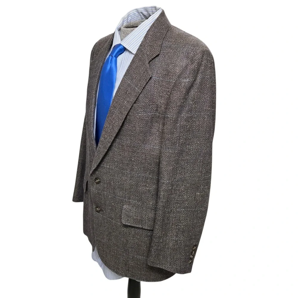Vtg Christian Dior Monsieur Silk Sport Coat 44R Tweed Herringbone Windowpane Brn